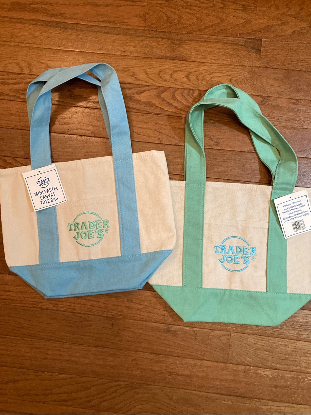 Set of 2 Trader Joe's Mini Pastel Canvas Tote Bags - Mint Green & Pastel Blue